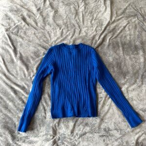 Blue Ribbed Knit Top Long Sleeve Fitted Textured